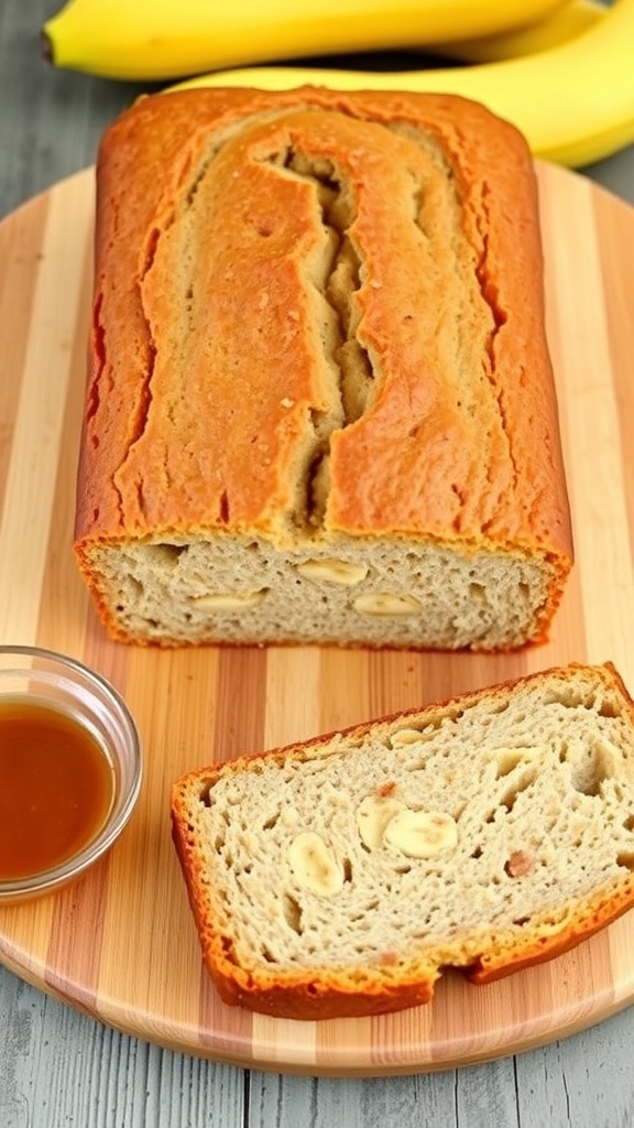A loaf of low-calorie banana bread sliced on a cutting board, with ripe bananas and honey nearby.